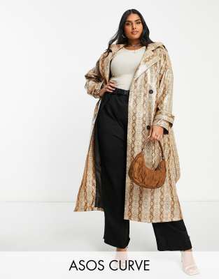 ASOS DESIGN Curve - Trenchcoat in Hellbraun mit Schlangenmuster-Neutral