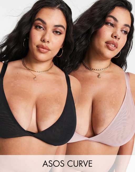 ASOS DESIGN Curve – Triangel-BHs aus Netzstoff in Rosa und Schwarz im 2er-Set