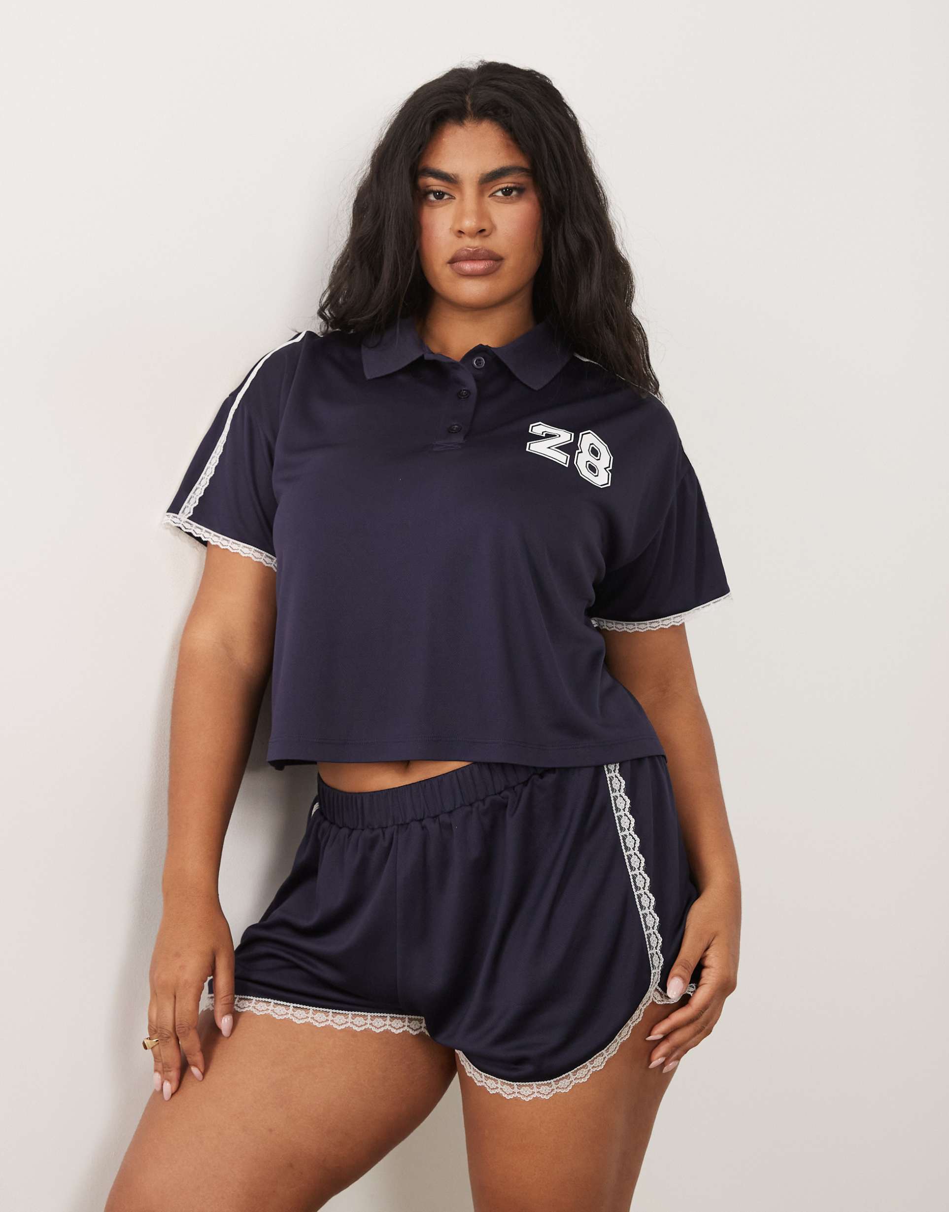 asos design curve tricot sporty polo top with lace detailing in navy - part of a set