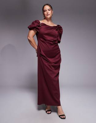 Asos Curve Asos Design Curve Trim Detail Fallen Shoulder Puff Sleeve Midi Dress In Red