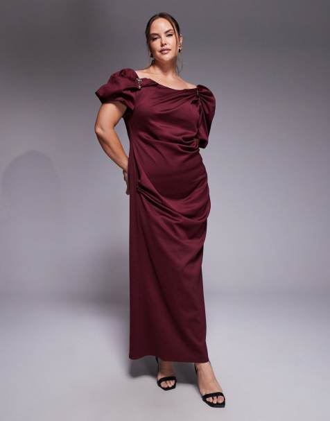 ASOS DESIGN Curve trim detail fallen shoulder puff sleeve midi dress in berry - view 1
