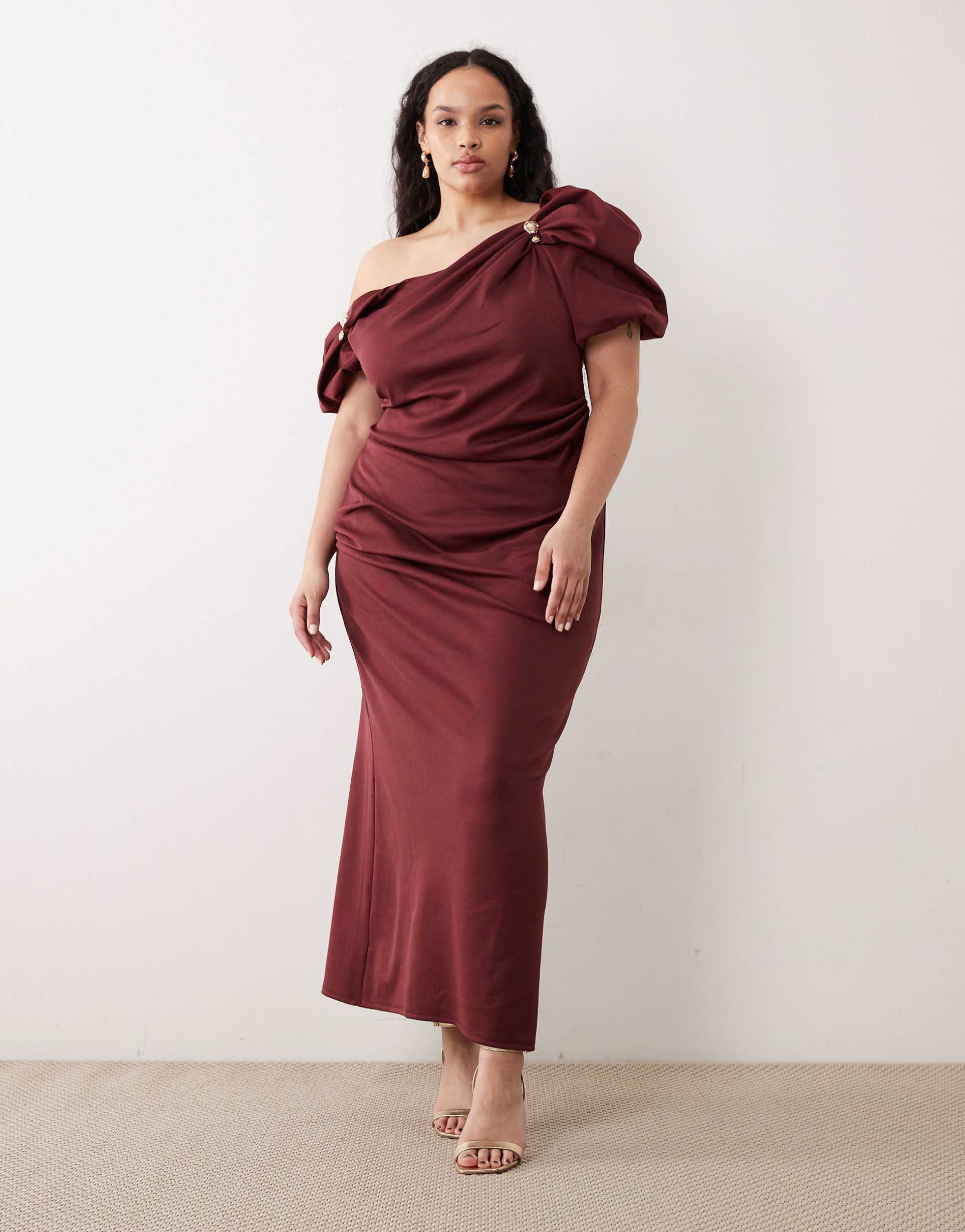 asos design curve trim detail fallen shoulder puff sleeve midi dress in berry