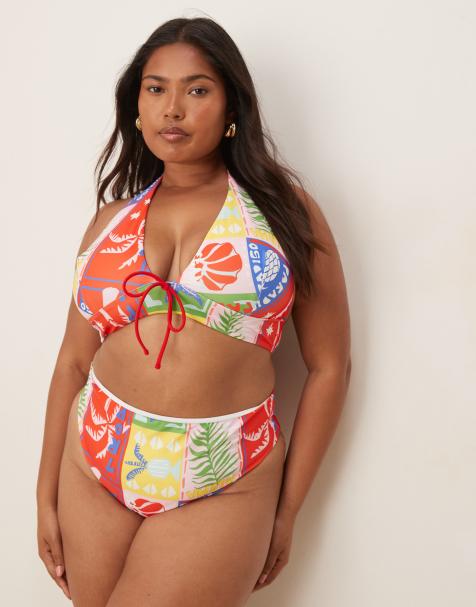 ASOS DESIGN Curve Trinny high waist bikini bottom in paridiso print - view 1