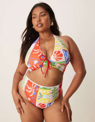 ASOS DESIGN Curve Trinny sleek plunge triangle bikini top in Paradiso print-Multi