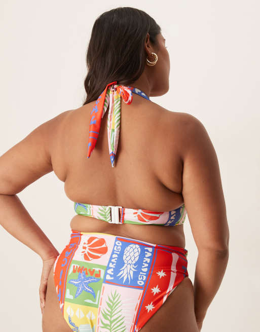ASOS DESIGN Curve Trinny sleek plunge triangle bikini top in paridiso print, 3 of 4