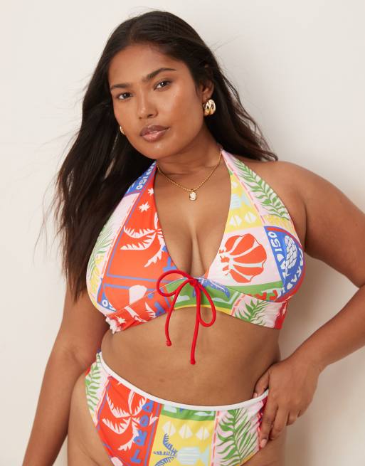 ASOS DESIGN Curve Trinny sleek plunge triangle bikini top in paridiso print, 4 of 4