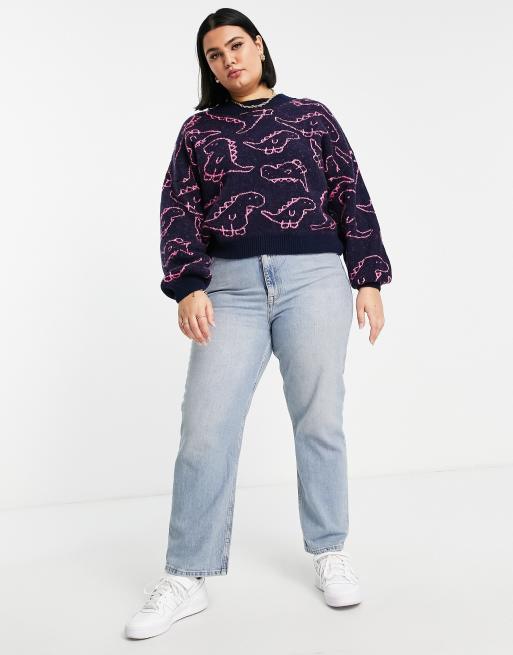 ASOS DESIGN Curve - Trui met dinosaurusmotief in marineblauw, 3 van 4