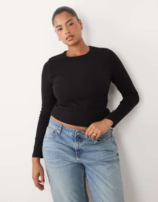 ASOS DESIGN Curve tætsiddende top med lange ærmer i sort, 2 af 4