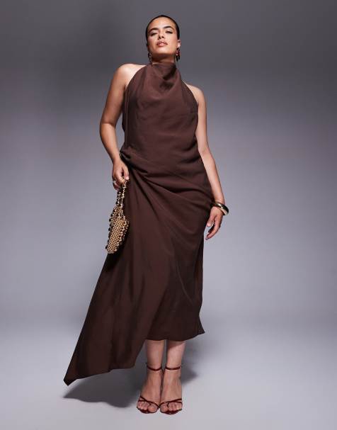 ASOS DESIGN Curve tuck detail halter maxi dress in chocolate - view 1