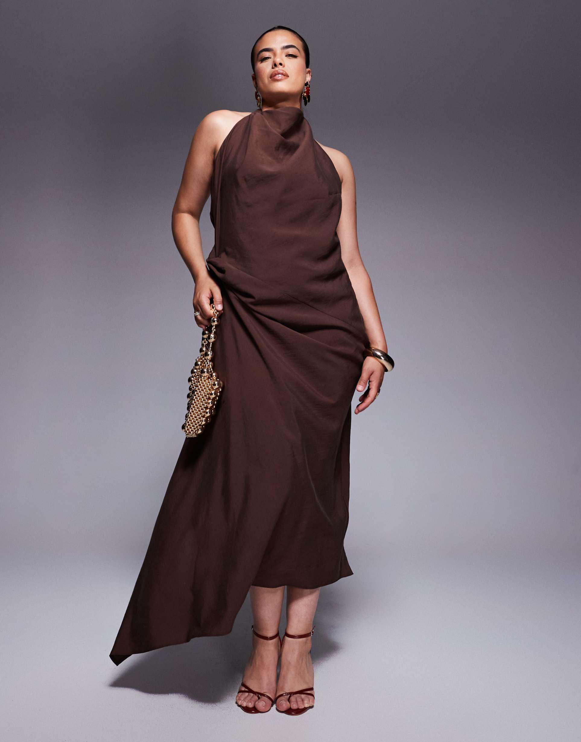 asos design curve tuck detail halter maxi dress in chocolate
