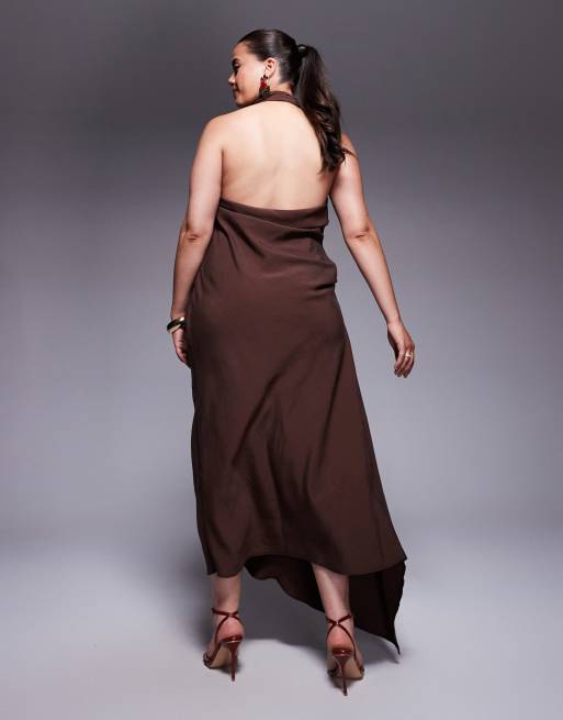 ASOS DESIGN Curve tuck detail halter maxi dress in chocolate