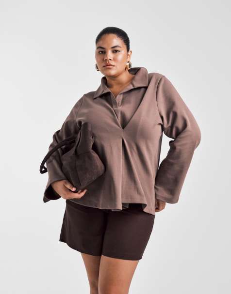 ASOS DESIGN Curve tuck detail heavyweight rugby top in chocolate - view 1