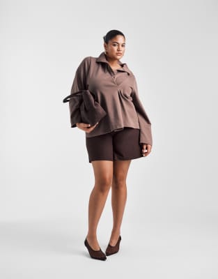 Asos Curve Asos Design Curve Tuck Detail Heavyweight Rugby Top In Brown