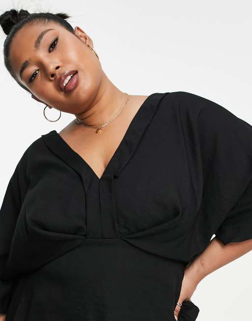 ASOS DESIGN Curve tuck detail kimono smock top in black