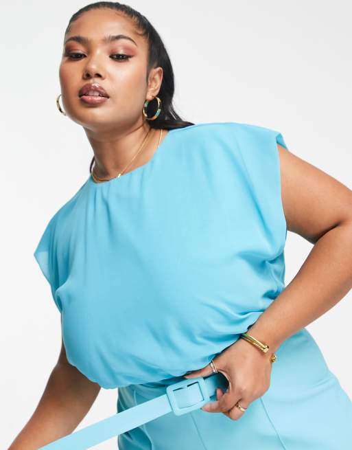 ASOS DESIGN Curve - Turkisblåt jumpsuit med chiffon-overdel og flagrende ben, 2 af 4