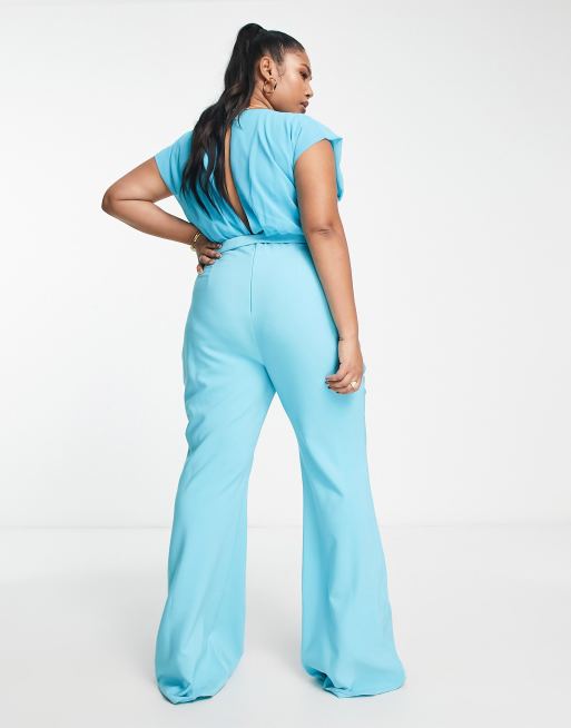 ASOS DESIGN Curve - Turkisblåt jumpsuit med chiffon-overdel og flagrende ben, 3 af 4