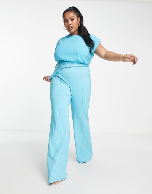 ASOS DESIGN Curve - Turkisblåt jumpsuit med chiffon-overdel og flagrende ben, 4 af 4