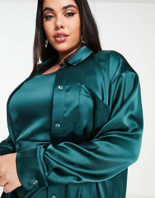 ASOS DESIGN Curve – Turkusowa satynowa koszula oversize – Część zestawu, 3 z 4