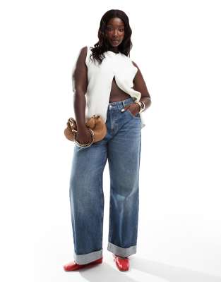 ASOS DESIGN Curve turn up hem baggy jeans in mid blue φωτογραφία