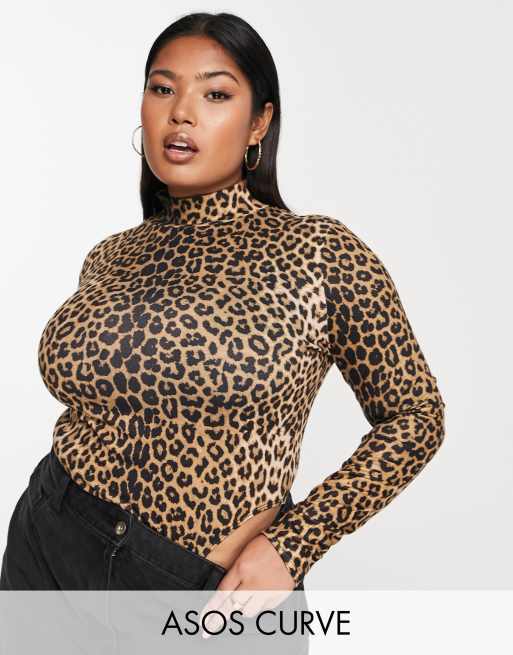 Women's Leopard Print Mock Neck Long Sleeves Bodysuit 