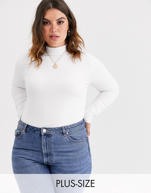 ASOS DESIGN Curve turtle neck long sleeve rib crop top in white