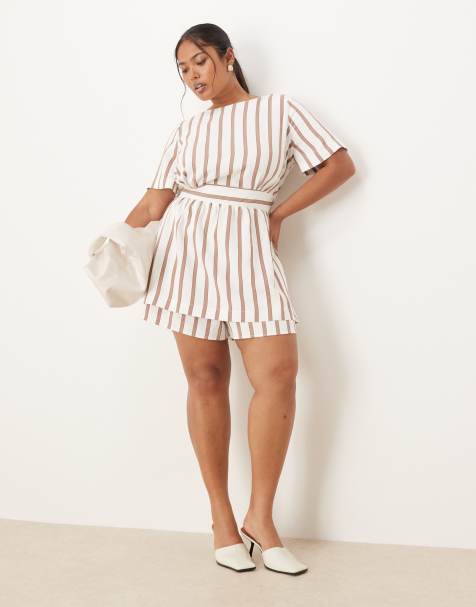 ASOS DESIGN Curve - Tuta corta doppiata a righe neutre allacciata sul retro - view 1