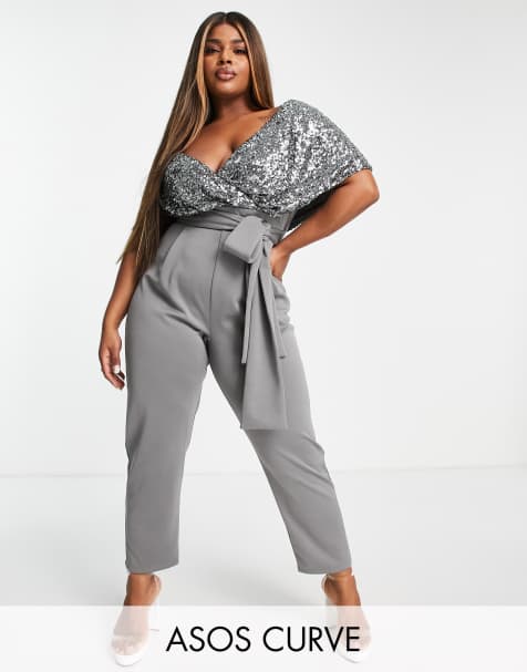 ASOS DESIGN Curve - Tuta jumpsuit 2 in 1 con spalle scese e paillettes color peltro - view 1
