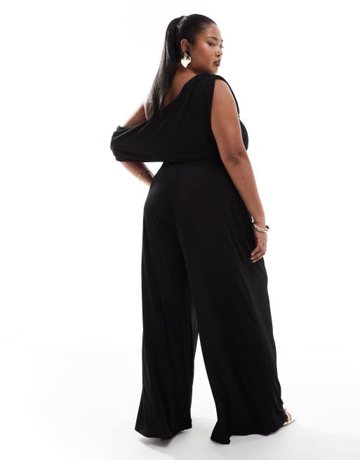 ASOS DESIGN Curve - Tuta jumpsuit a fondo ampio con spalle scese nera, 2 di 4