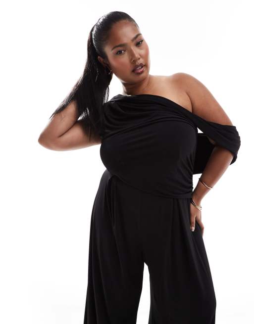 ASOS DESIGN Curve - Tuta jumpsuit a fondo ampio con spalle scese nera, 4 di 4