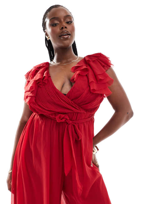 ASOS DESIGN Curve - Tuta jumpsuit a portafoglio con volant e allacciata in vita, colore rosso, 4 di 4