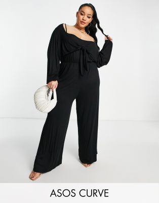 ASOS DESIGN Curve tie front jumpsuit in black - ASOS Price Checker