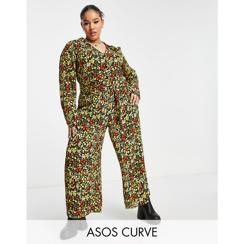 Tute jumpsuit e corte sIeLm DESIGN Curve - Tuta jumpsuit da giorno color senape a fiori con cintura e colletto anni '70