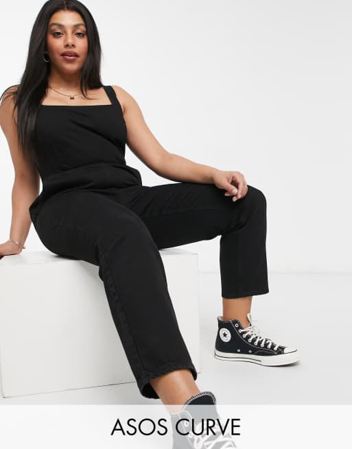 ASOS DESIGN Curve - Tuta jumpsuit di jeans attillata con scollo squadrato, colore nero slavato