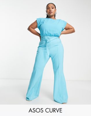 Asos Design Curve - Tuta Jumpsuit In Chiffon Con Top E Pantaloni A Zampa Turchese Con Cintura-Blu