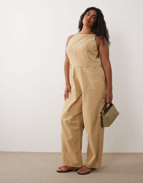ASOS DESIGN Curve - Tuta jumpsuit in twill color pietra slavato con cuciture a vista - view 1