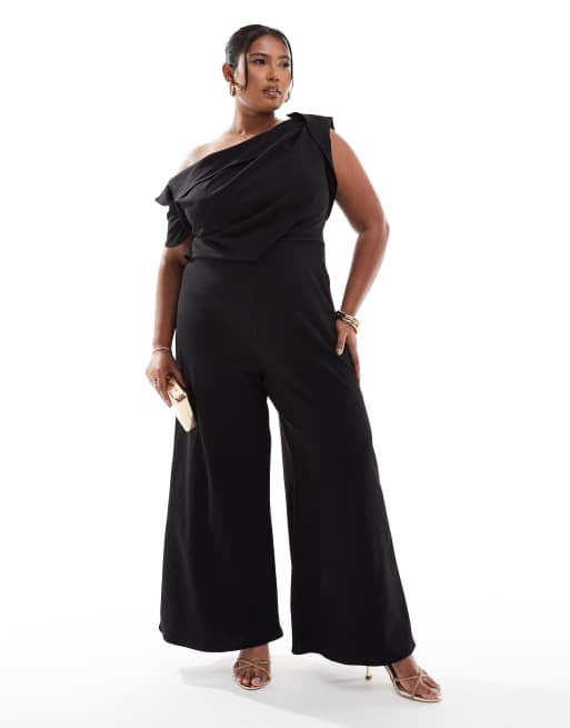 ASOS DESIGN Curve - Tuta jumpsuit nera a fondo ampio con dettaglio raccolto e spalla scivolata