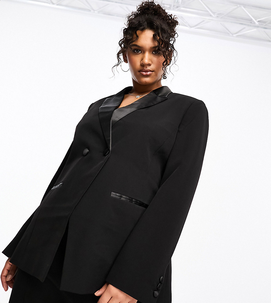 ASOS DESIGN CURVE TUX DOUBLE BREASTED BLAZER IN BLACK