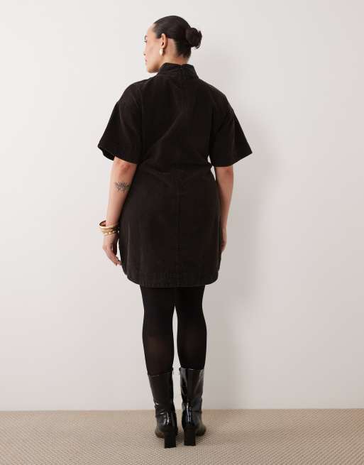 ASOS DESIGN Curve tvättad manchester minishiftklänning med ståkrage i svart, 3 av 4