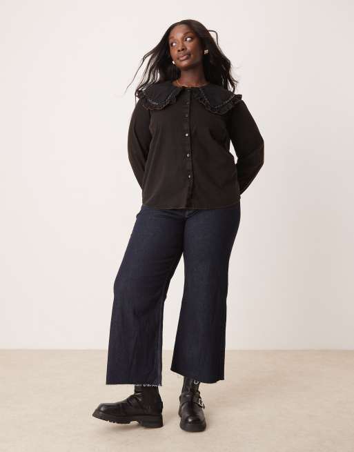 ASOS DESIGN Curve – Tvättad skjorta i twill med volangkrage