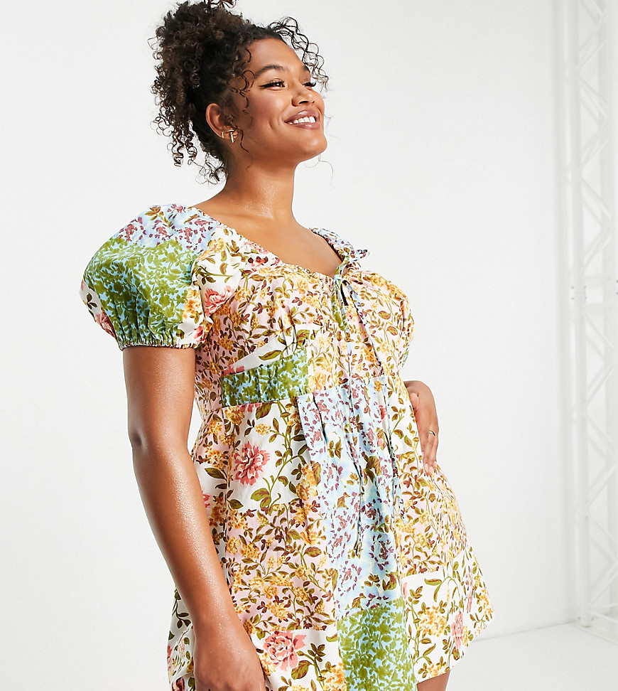 ASOS DESIGN Curve twill button through sweetheart mini tea dress in mixed floral print-Multi