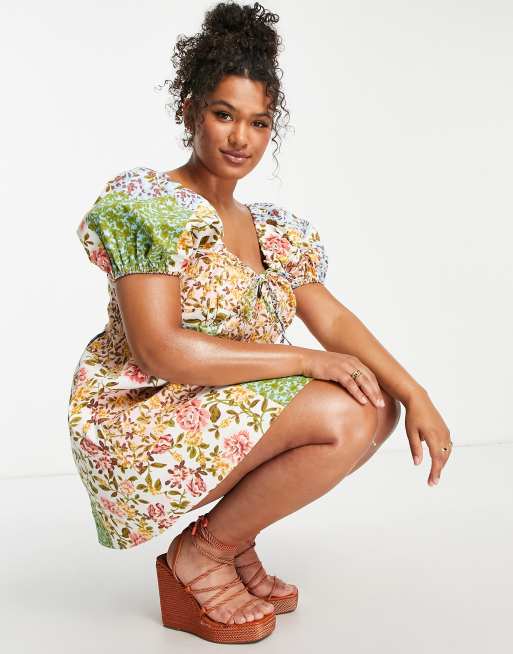 ASOS DESIGN Curve twill button through sweetheart mini tea dress in mixed floral print ASOS