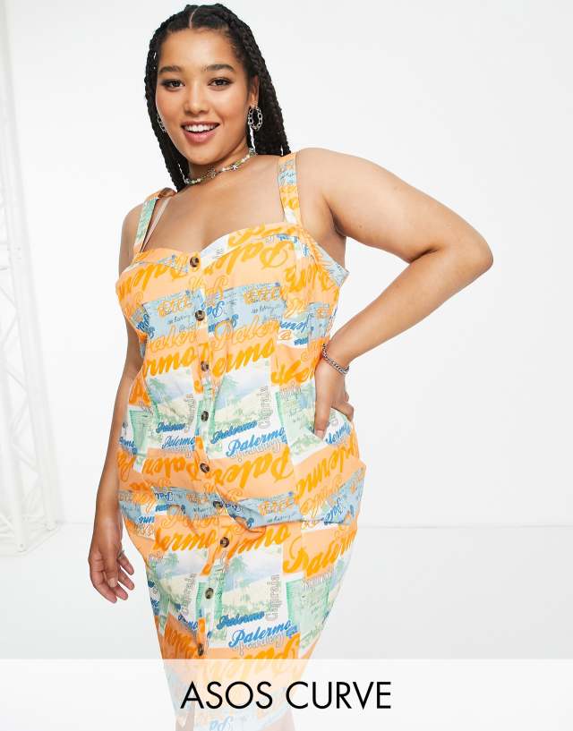 ASOS DESIGN Curve twill cami sundress in postcard print