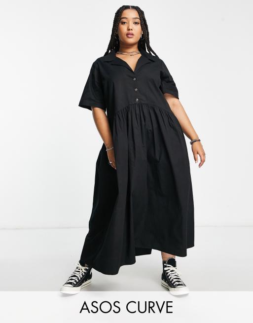 ASOS DESIGN Curve cotton shirred wrap midi smock dress in black