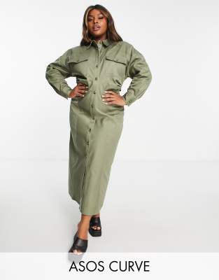 ASOS DESIGN Curve twill fitted midi shirt dress in khaki - ASOS Price Checker