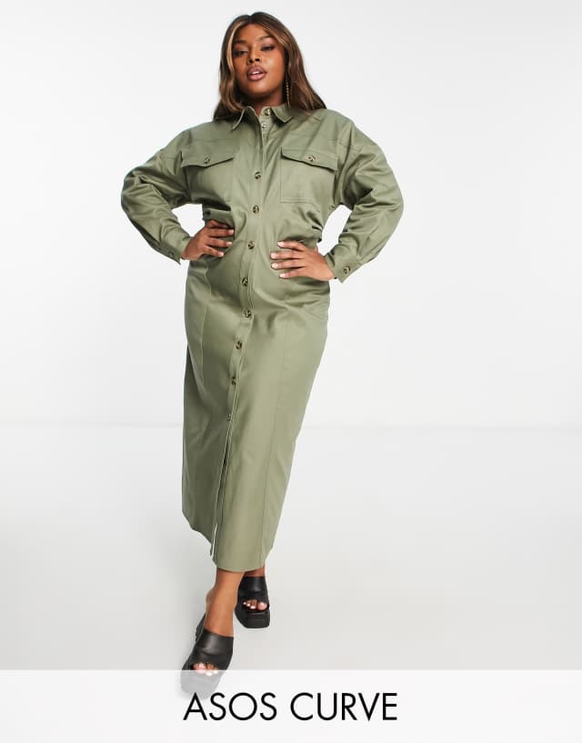 ASOS DESIGN Curve twill fitted midi shirt dress in khaki