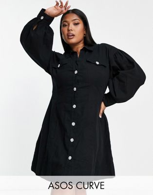 ASOS DESIGN Curve twill flippy mini shirt dress with diamante buttons in black