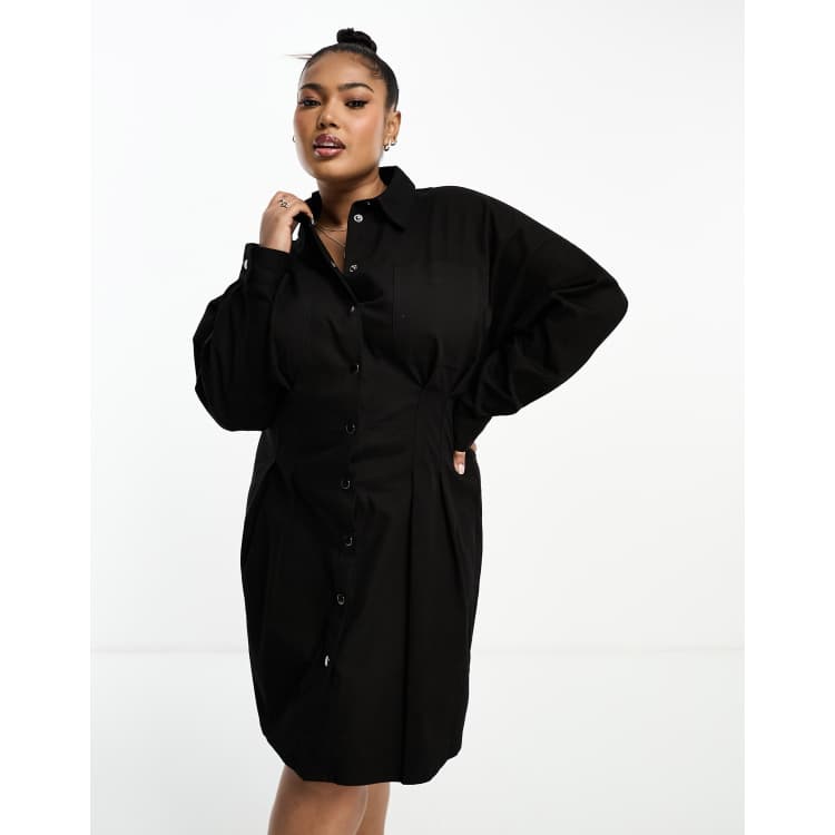 ASOS DESIGN Curve twill nipped waist mini shirt dress in black