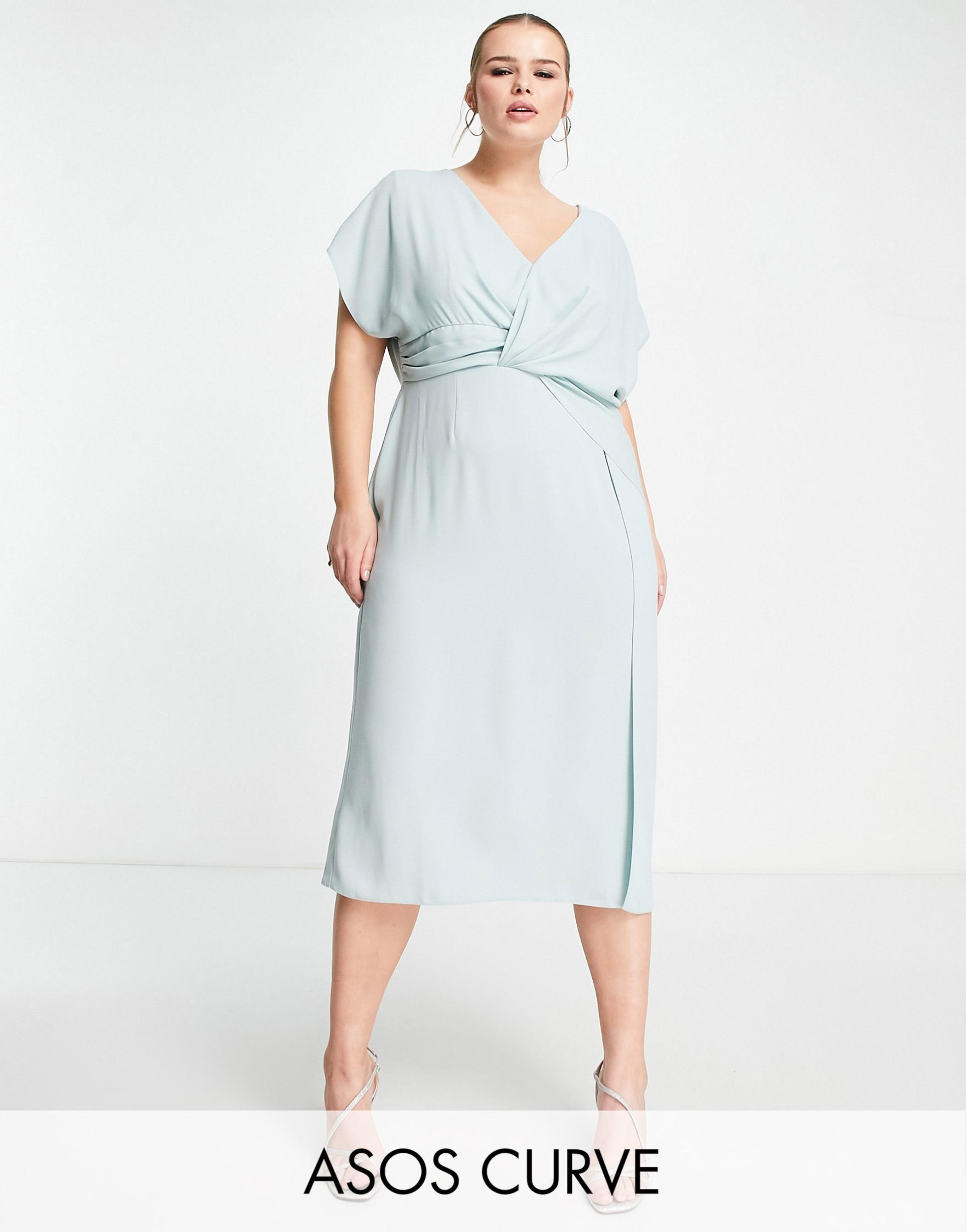 asos design curve twist and drape front midi dress in duck egg