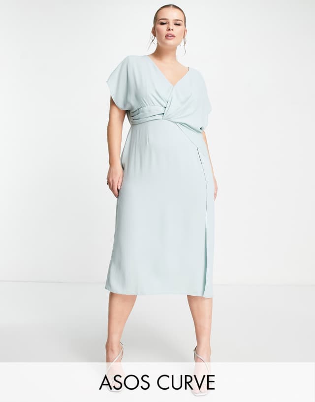 ASOS DESIGN Curve twist and drape front midi dress in duck egg