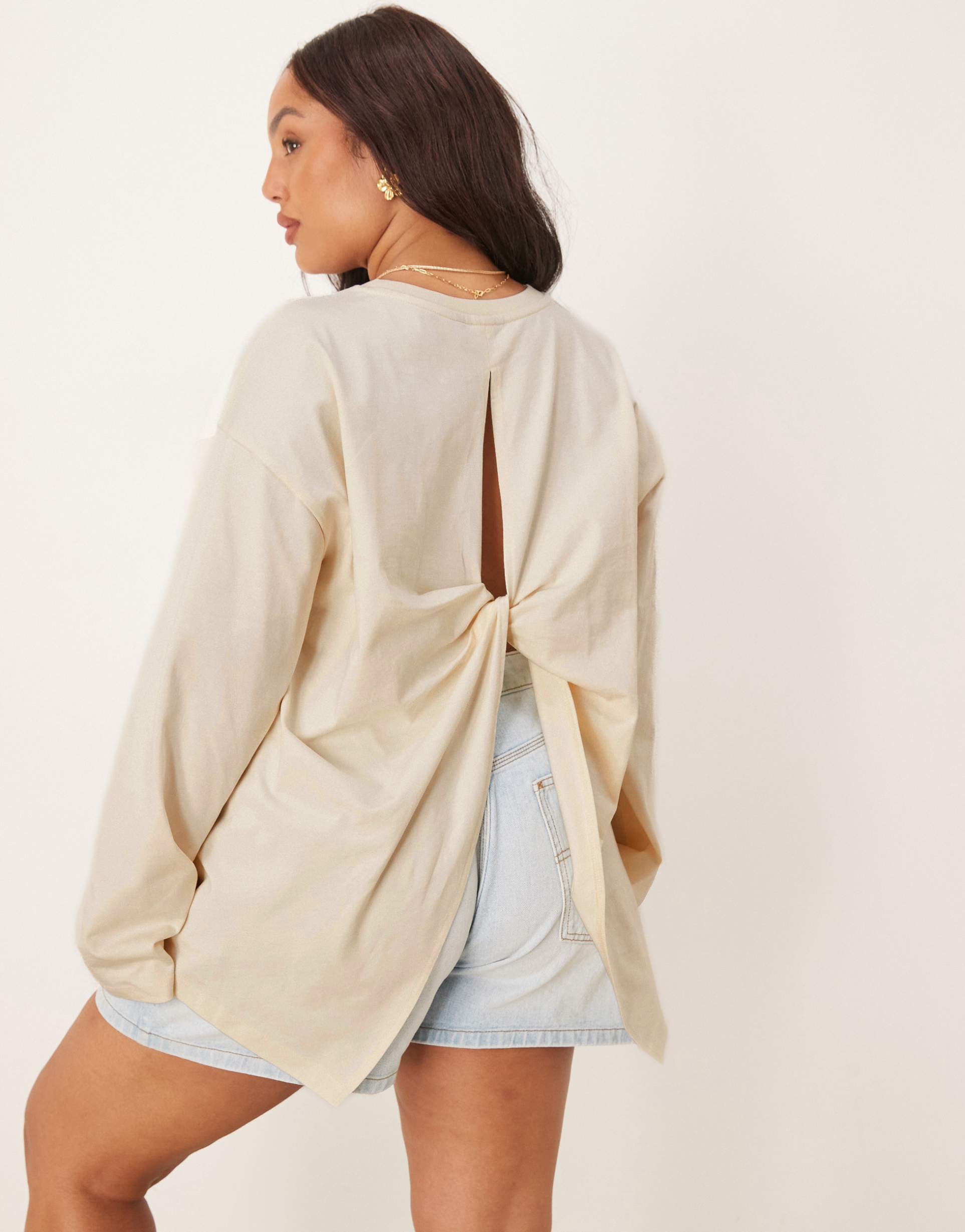 asos design curve twist back detail long sleeve tee in cream